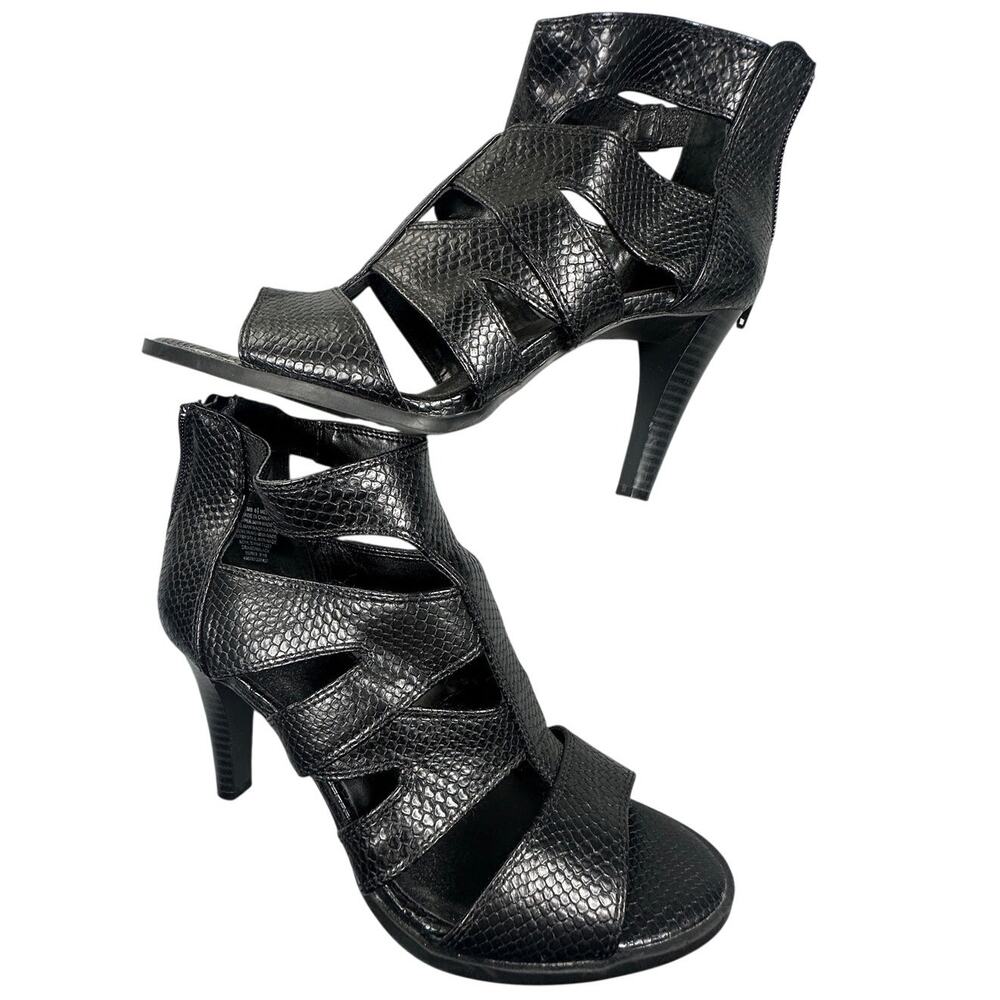 Simply Vera Vera Wang Strappy Snake Heels Zip Back Black 8.5